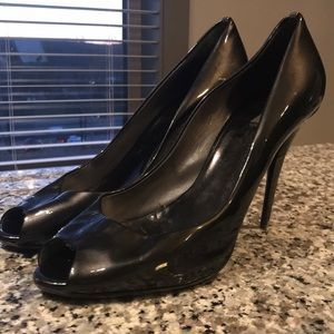 Miu Miu Black Patent Leather peep toe pumps